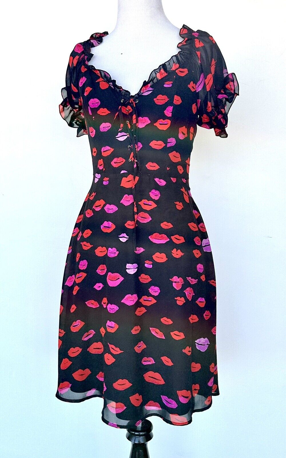 Betsey Johnson Black & Red Lips Lace Up Dress Retails $118 Price $89 Size 2