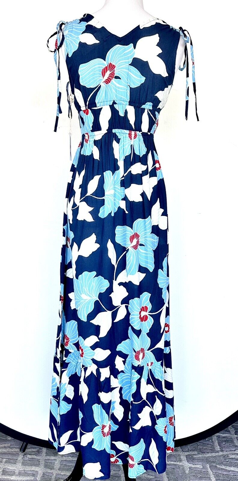 Jessica Simpson Blue Floral Midi Dress Sleeveless Ruched Shoulder Price $55 XS
