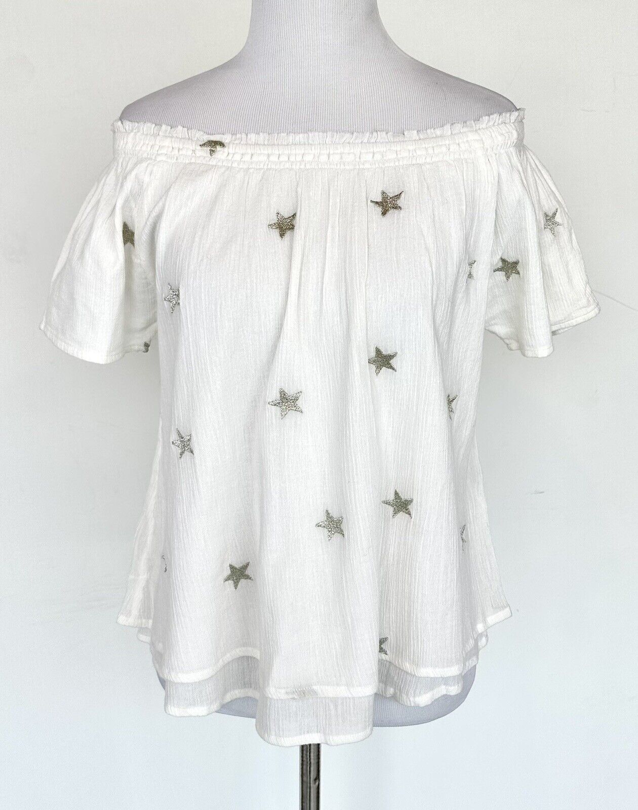 Generation Love White Silver Star Flutter Sleeve Top Retail $139 Price $48 XS