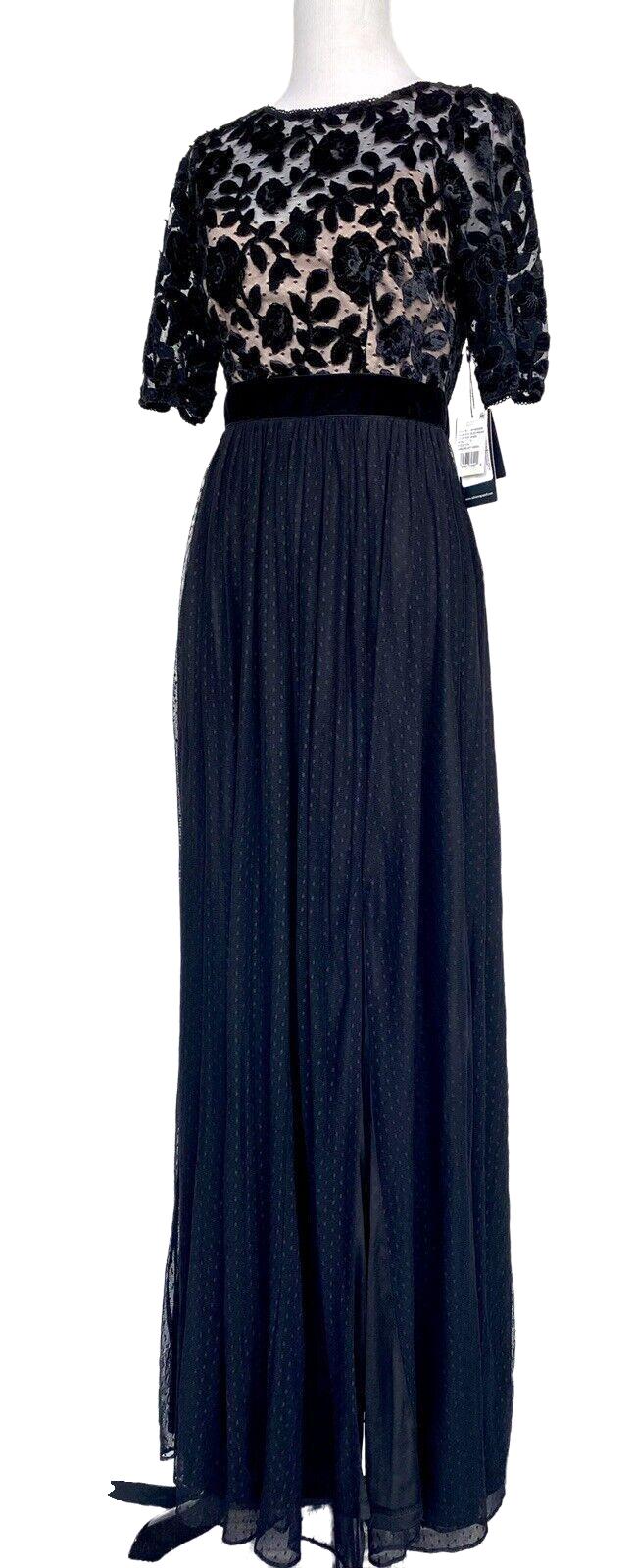 Adrianna Papell Black Velvet & Net Rose Gown NWT Size 0 Retail $199 Price $89