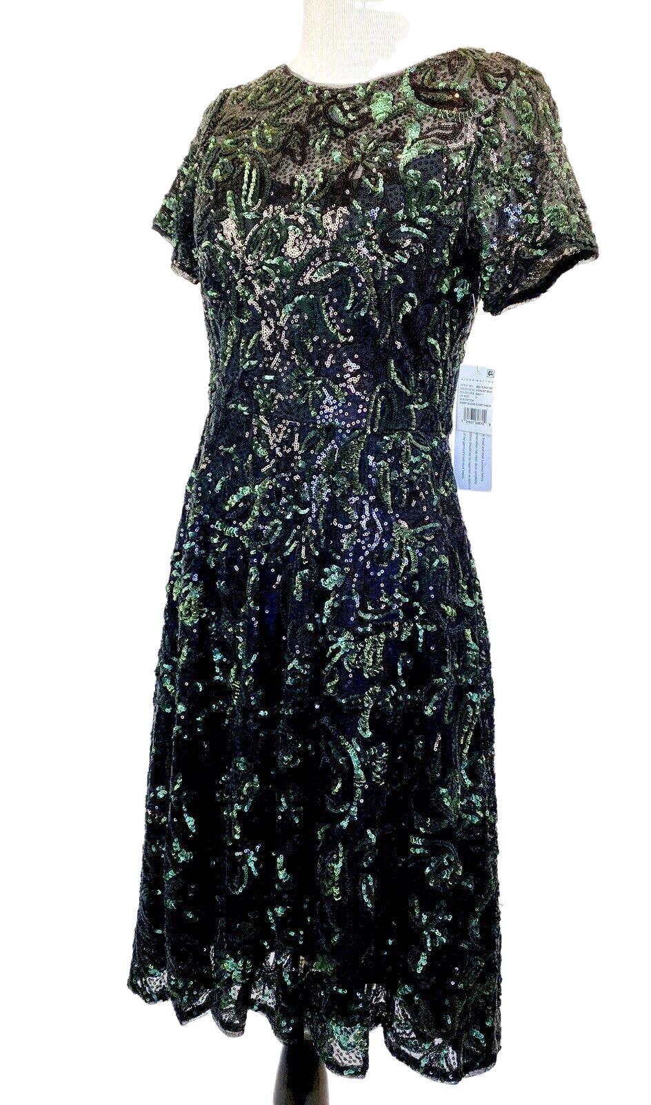 Aidan mattox Jaquard Green Black Bead Cocktail Dress Sz 2 Retail $295 Price $$98