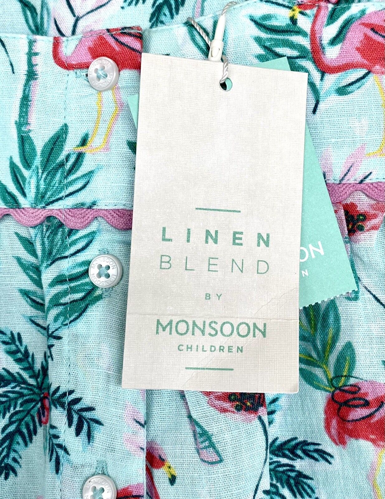 Monsoon London Flamingo Linen Blend Romper 3-6M Ric Rac Price $35