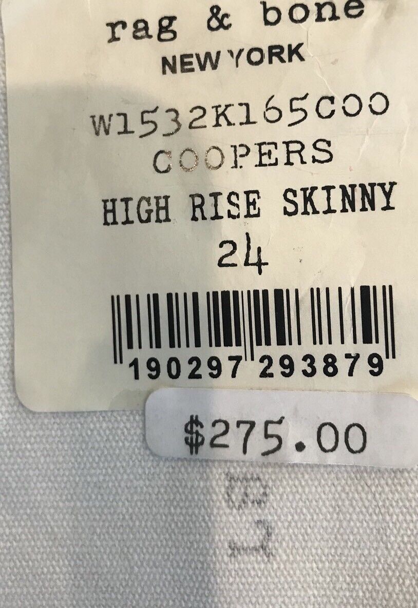 Rag & Bone Coopers High Rise Skinny Jeans. Size 24 Retail $275 Price $110 NWT