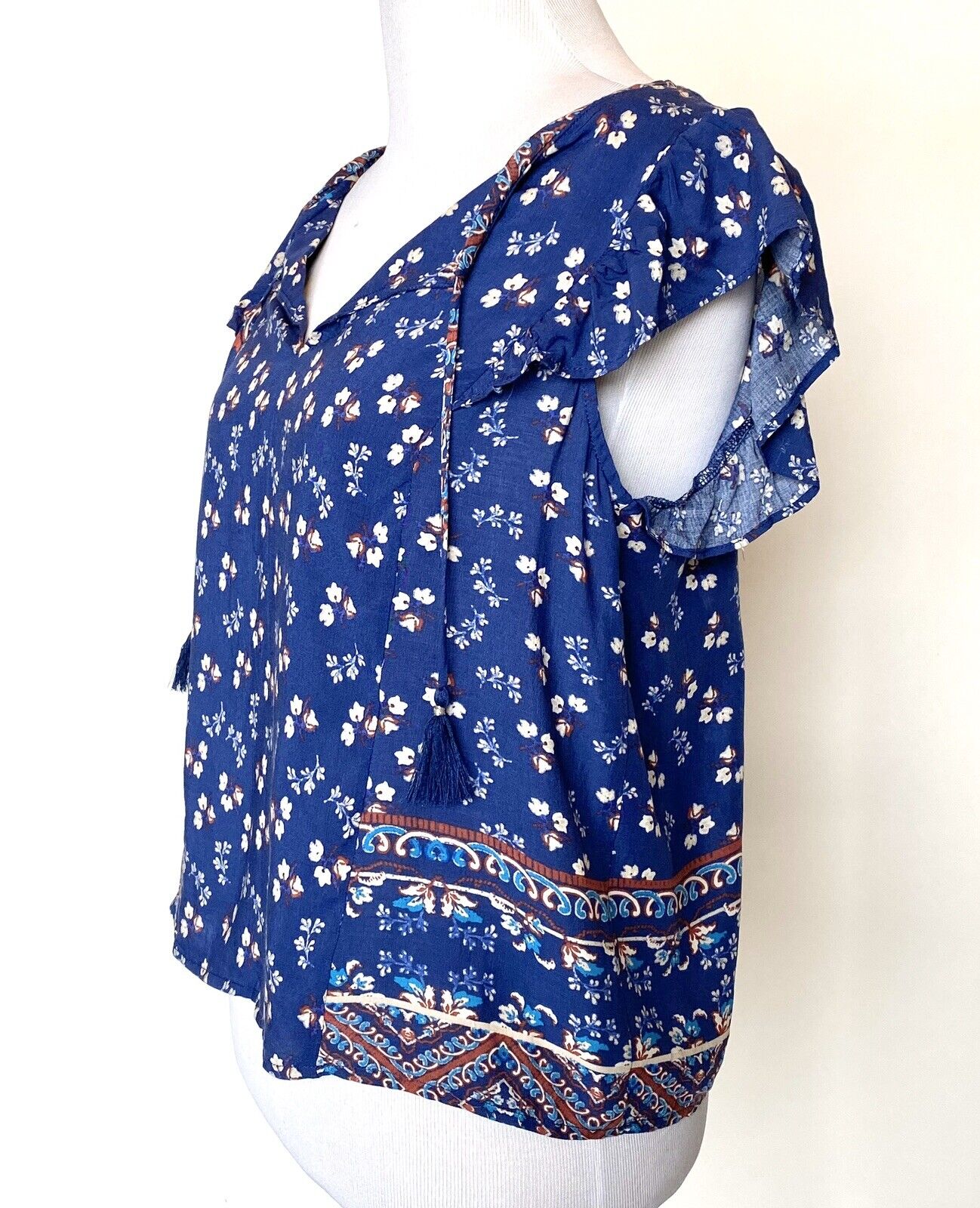 Beltaine Blue Tassel Peasant Boho Blouse Retail $128 Price $29 XS NWT