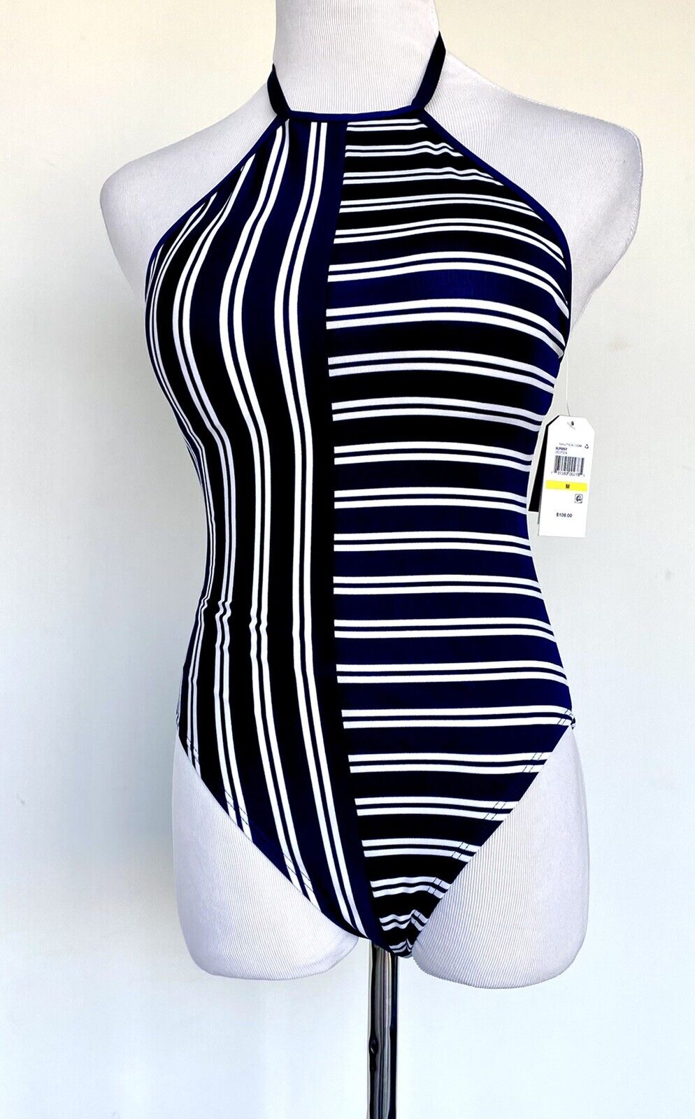 Nautical swimsuit stripe navy white Retails $108 Price $54 Size M Halter Neck