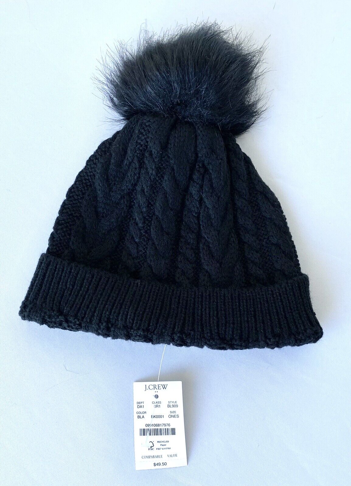 J Crew Black Cable Knit Pom Pom Faux Fur Hat Retails $49.50 Price $28.50 NEW