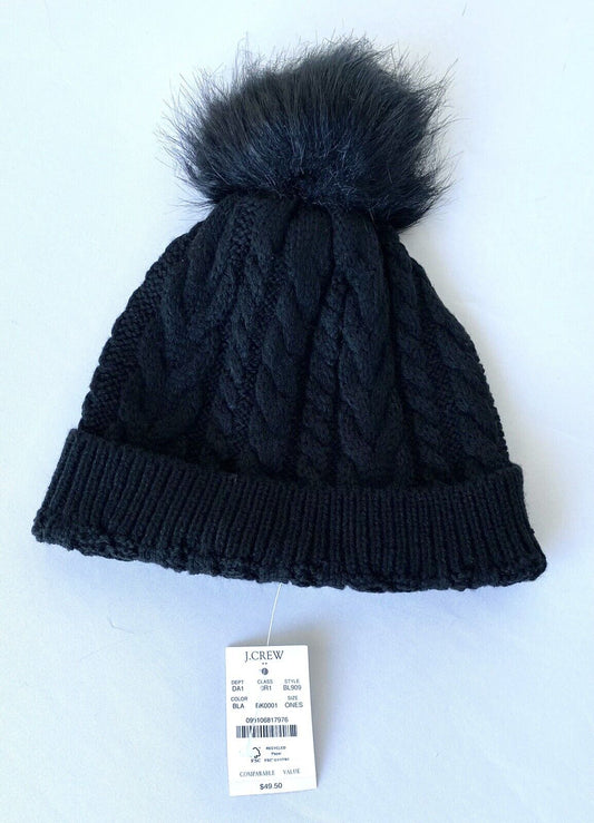 J Crew Black Cable Knit Pom Pom Faux Fur Hat Retails $49.50 Price $28.50 NEW