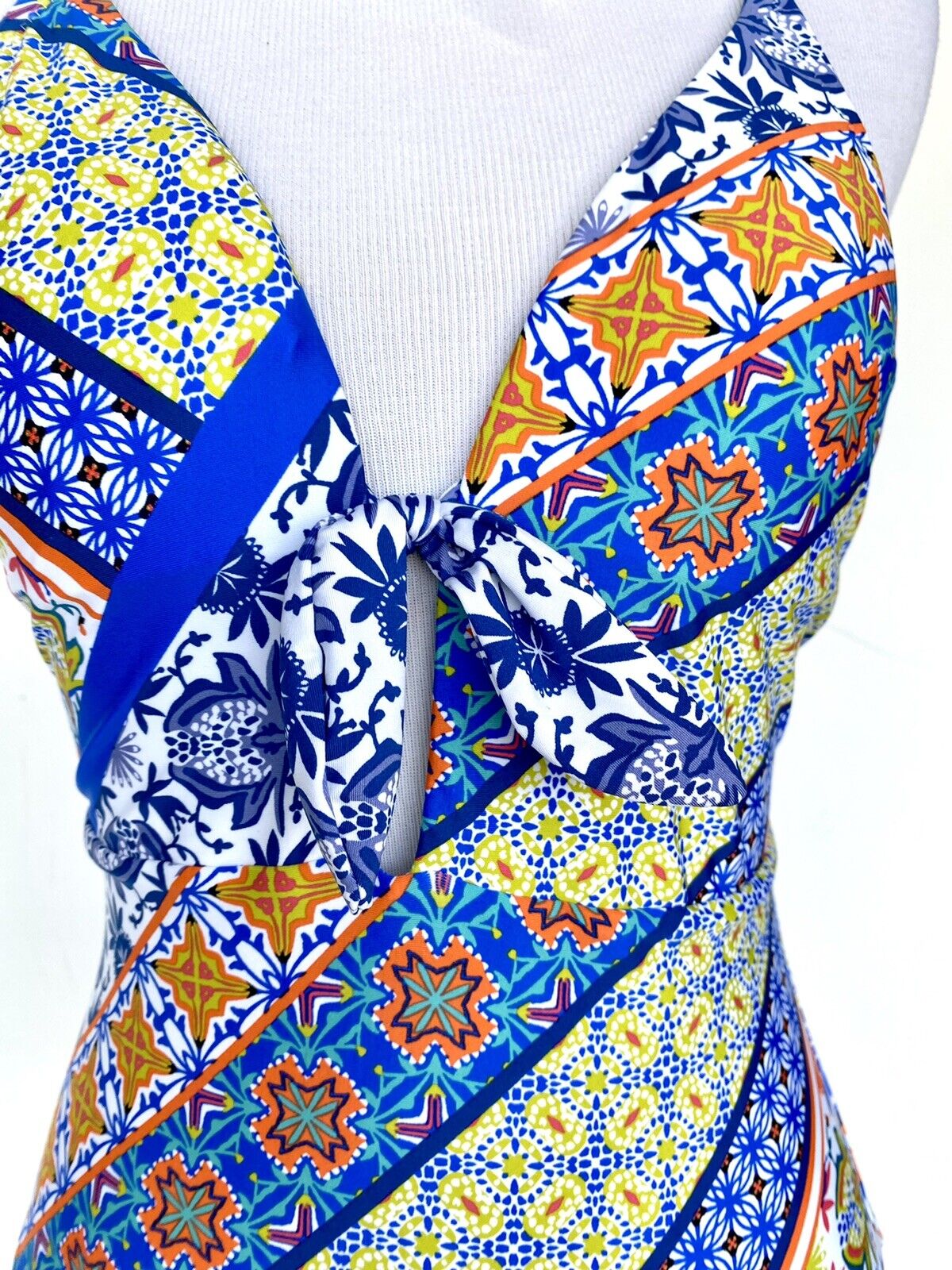 Nanette Lepore Patchwork Goddess Plunge Swimsuit NWT Sz 2 Retail $142 Price $49