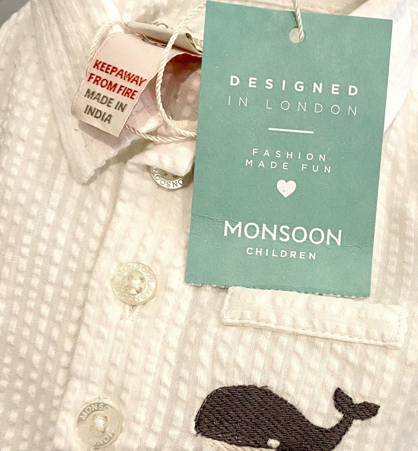Monsoon London Seersucker Whale White Shirt & Shorts Set 0-3 M Price $32