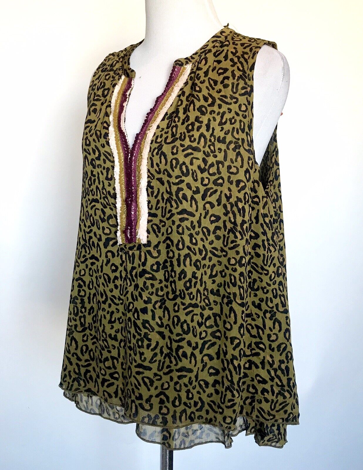 Scotch & Soda Green Animal Print Embroidered Top Blouse XS Retail $125 Price $56