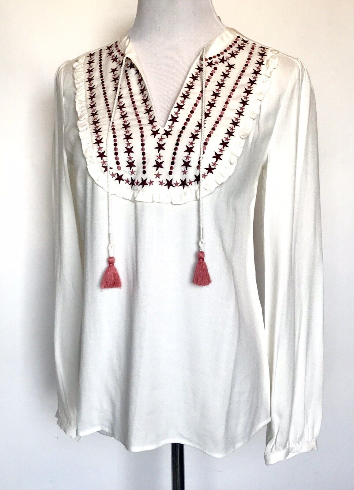 Boden Ivory Star Embroidery Polly Tassel Blouse NWT Retails $98 Price $38 Size 4