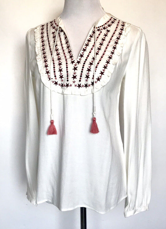 Boden Ivory Star Embroidery Polly Tassel Blouse NWT Retails $98 Price $38 Size 4