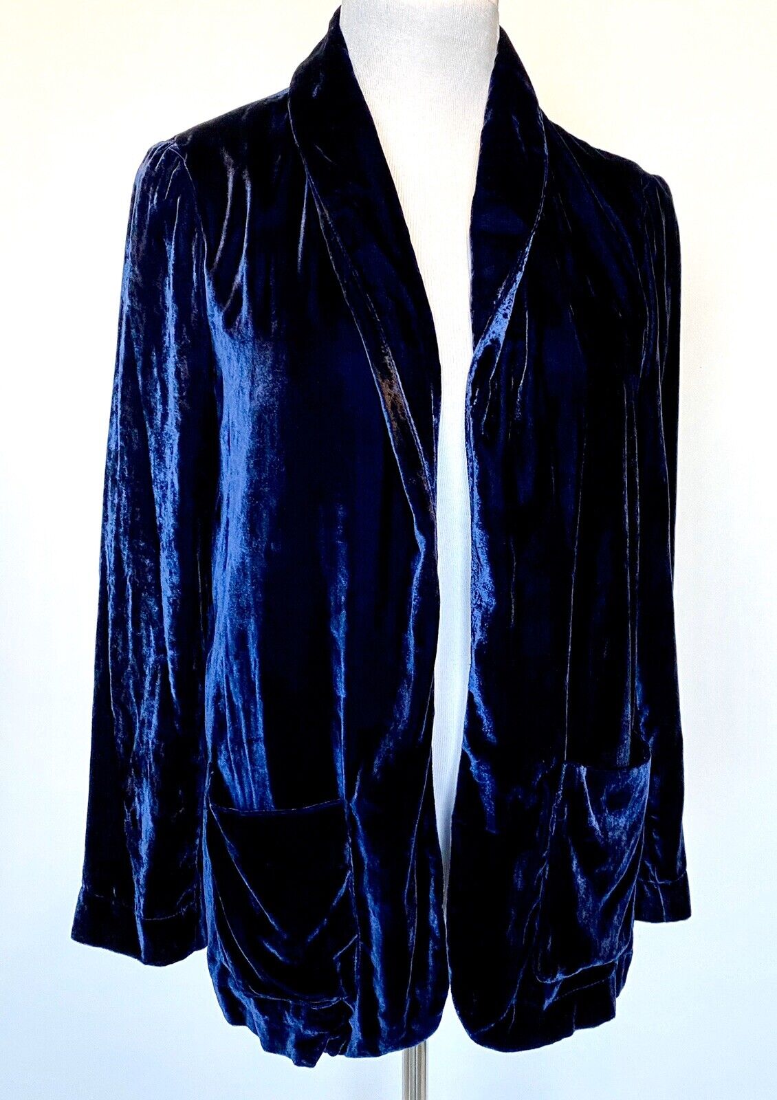 Navy Blue Velvet Beltaine Jacket Blazer Open Front Retail $238 Price $65 XS NWT