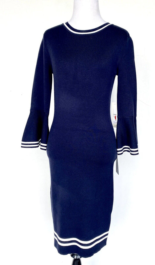 Eliza J Bell Sleeve Navy & White Knit Sheath Dress Retail $148 Price $74 XS NWT