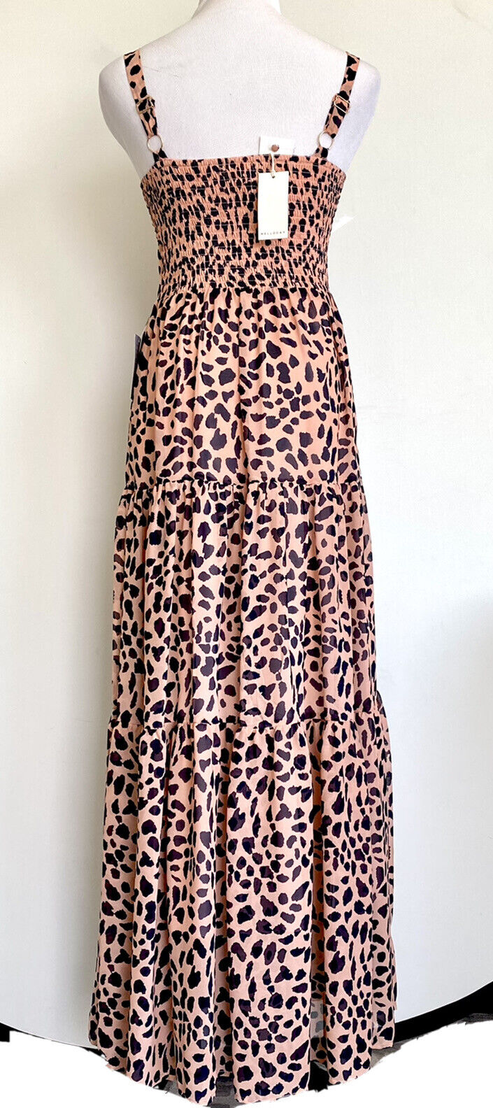 Melloday Salmon Pink & Black Tiered Smocked Back Maxi Dress XS Price $62 NWT