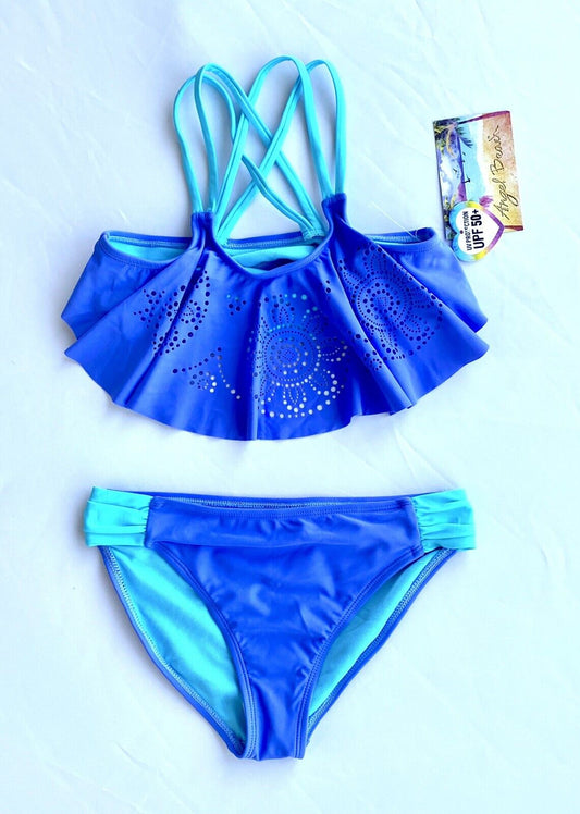 Angel Beach Blue Flounce Laser Cut Out Bikini Age 12 Price $24.99 UPF 50+