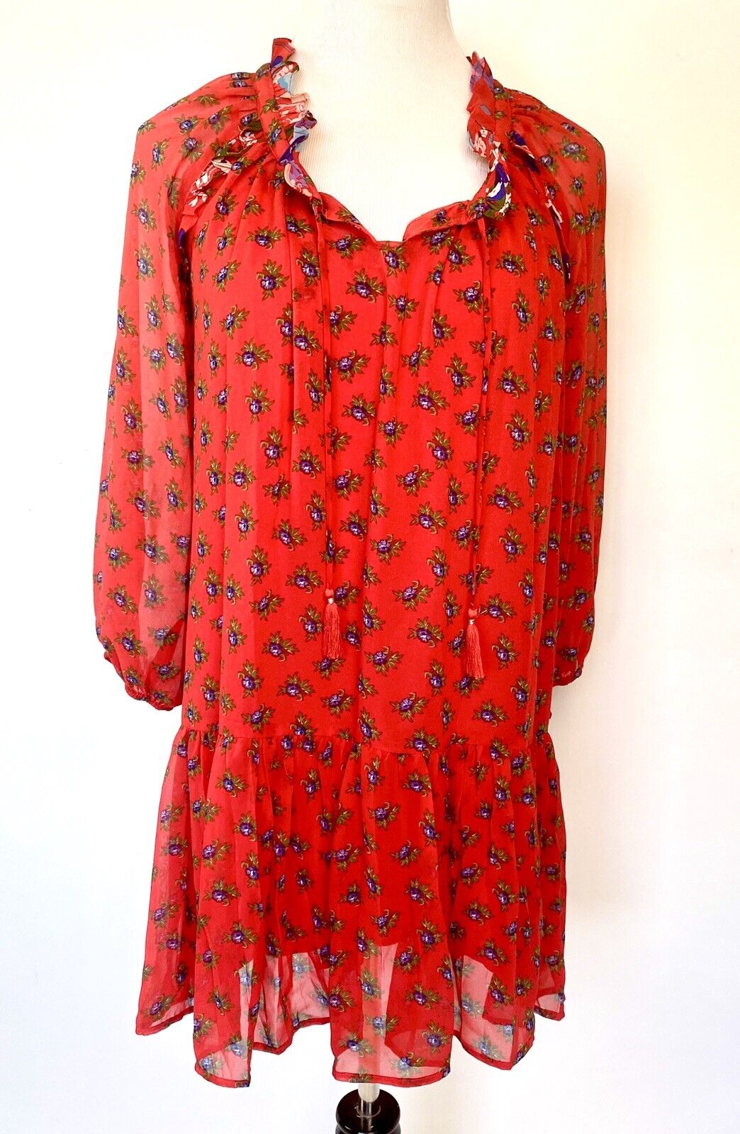 Beltaine Red Boho Gauze Peasant Style Dress Retail $188 Price $48 S NWT