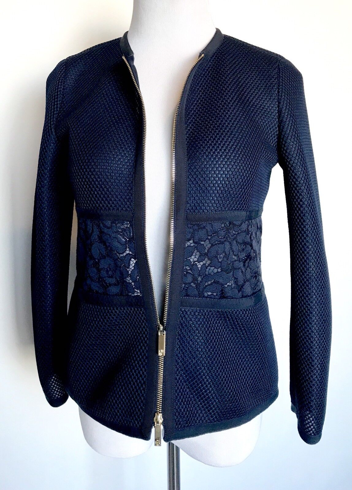 Carolina Herrera Navy Blue Lace Waist Jacket Retail $745 NWT Price $345 Size XS