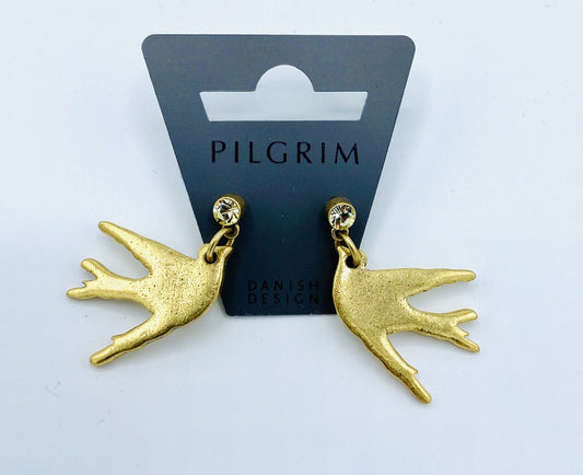 Pilgrim Jewelry 14 CT Gold Plate Swarovski Crystal Swallow Earring NWT Price $15