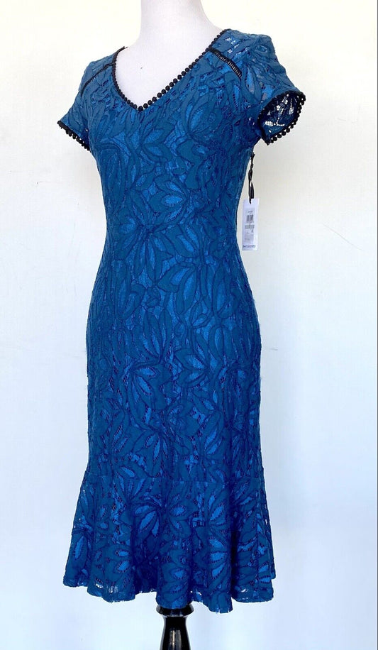 KENSIE Blue & Black Lace Dress Size 0 RETAILS $118 Price $65 Pom Pom Edge