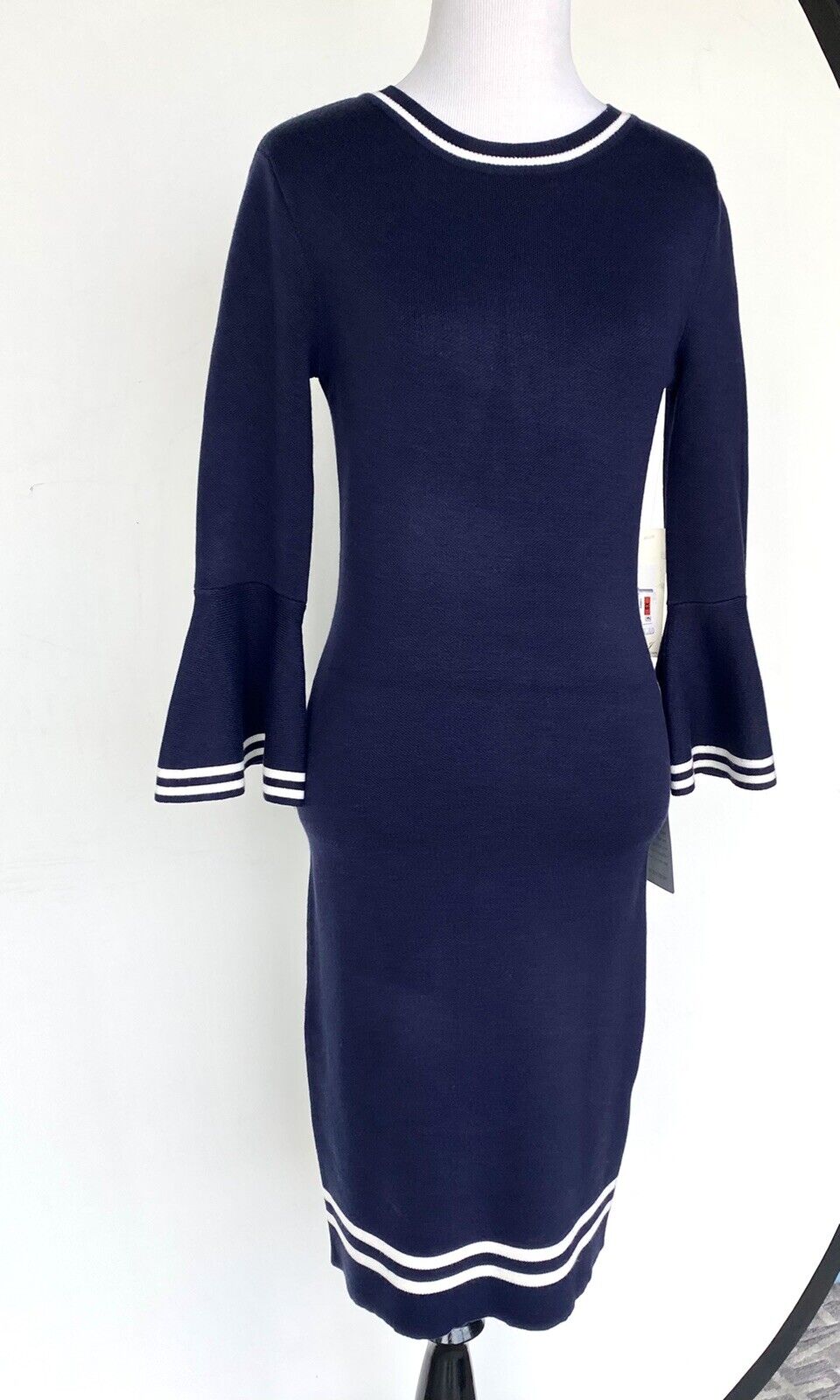 Eliza J Bell Sleeve Navy & White Knit Sheath Dress Retail $148 Price $74 XS NWT