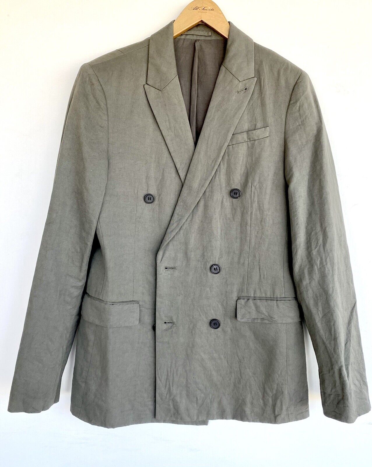 AllSaints Preston Linen Cotton Blazer 42 XL Retail $468 Price $210 Olive Green