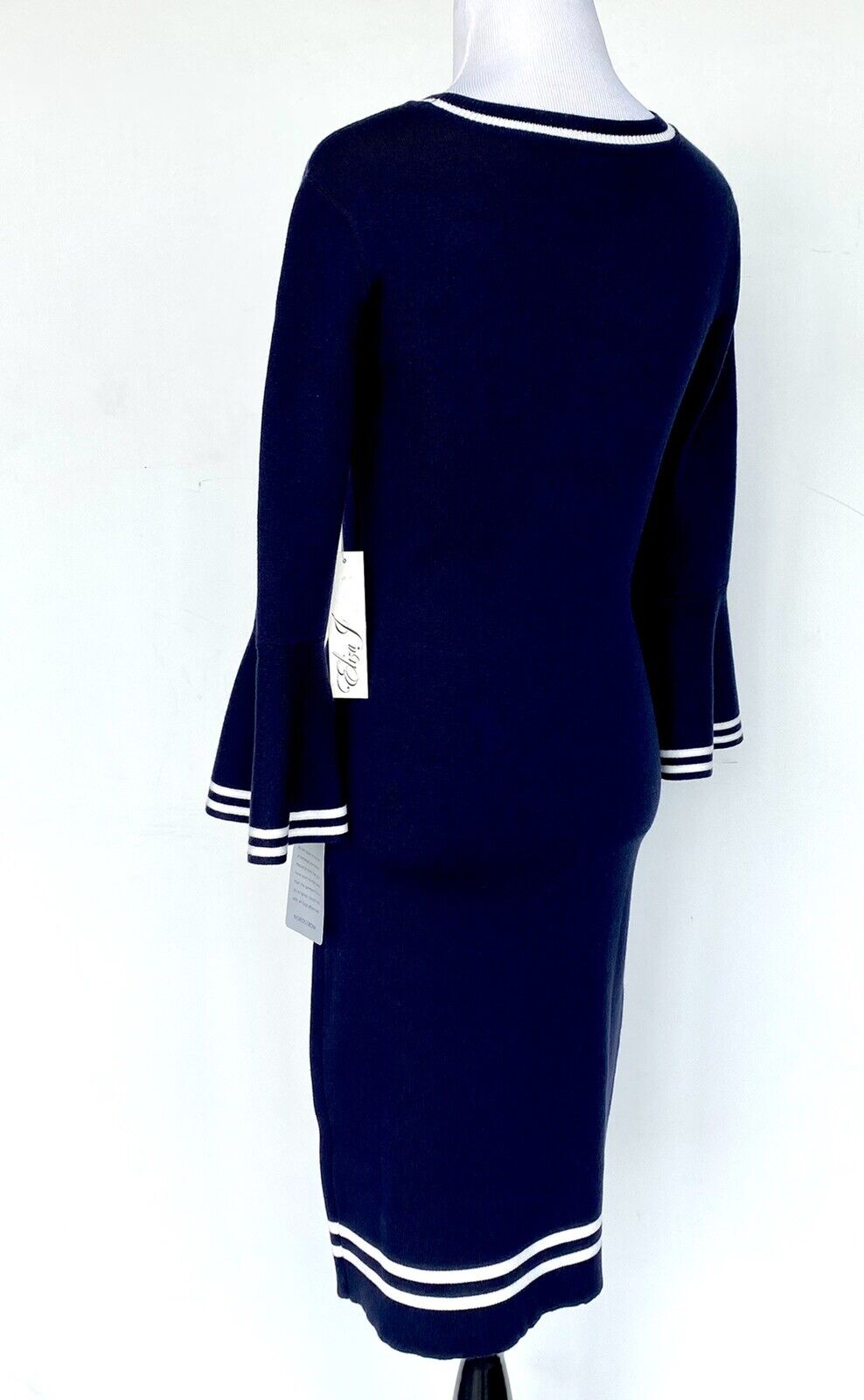 Eliza J Bell Sleeve Navy & White Knit Sheath Dress Retail $148 Price $74 XS NWT