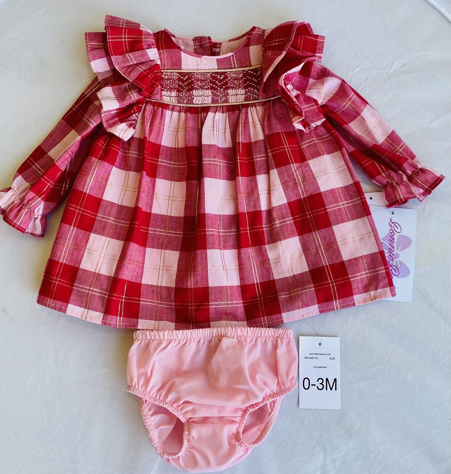 Bonnie Baby Red Gold Check Smocked 2 Pc Dress & Panties 0-3M Price $24