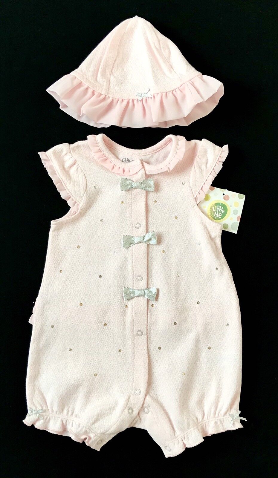 Little Me 2 Pc Pink Hat & Romper. Silver Spot & Bows Retail $26 NWT Price $19 9M