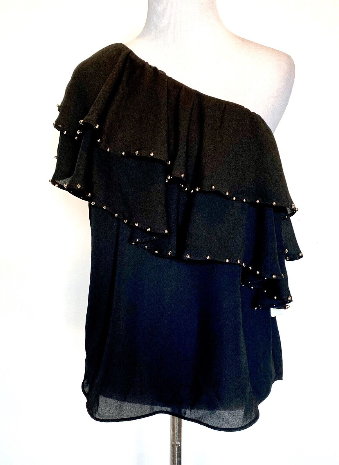 Black One Shoulder Chiffon Type Top Bead Edge. XS Retail $68 Price $22