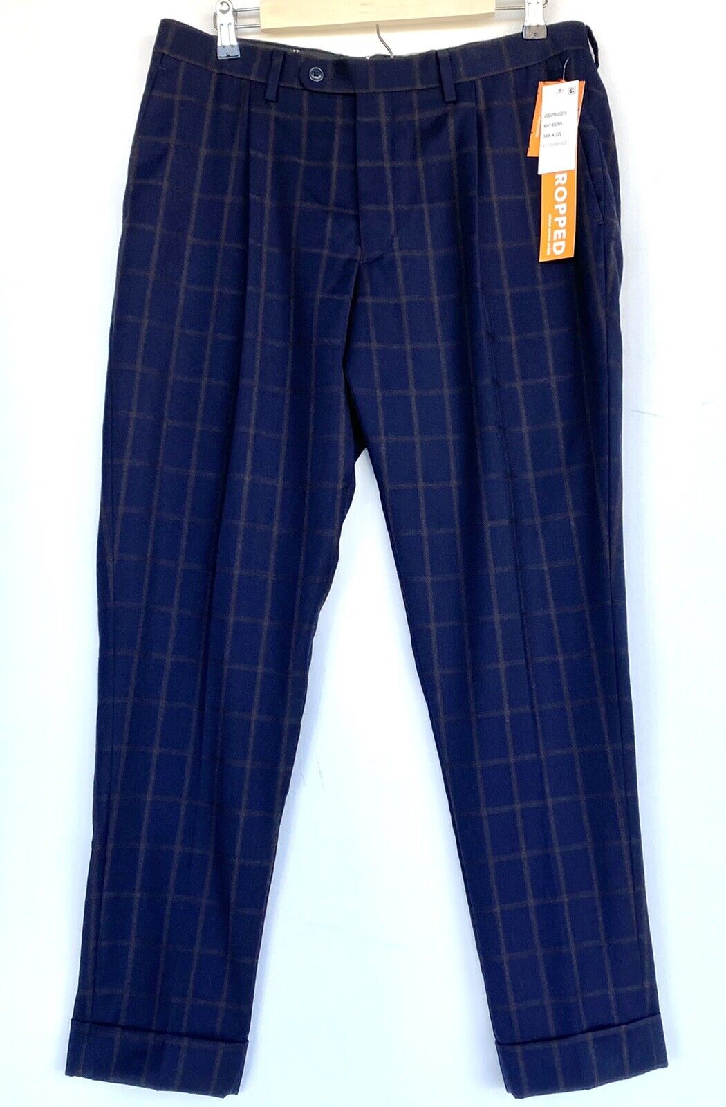Tallia Mens Wool Pants Navy Brown 34X32 Cropped Windowpane Plaid Price $56