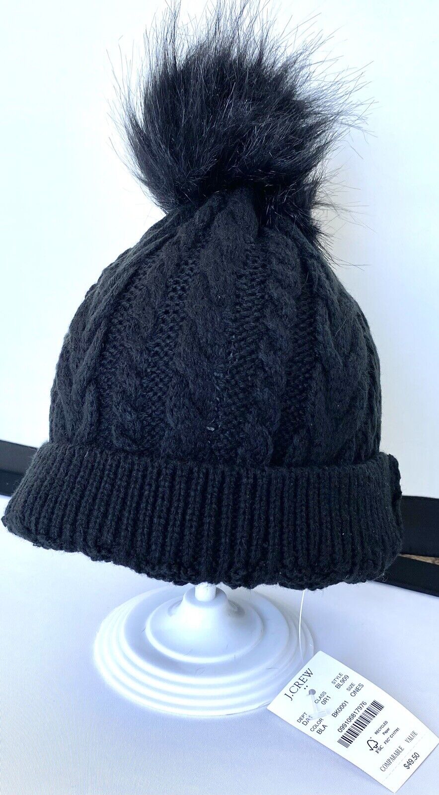 J Crew Black Cable Knit Pom Pom Faux Fur Hat Retails $49.50 Price $28.50 NEW