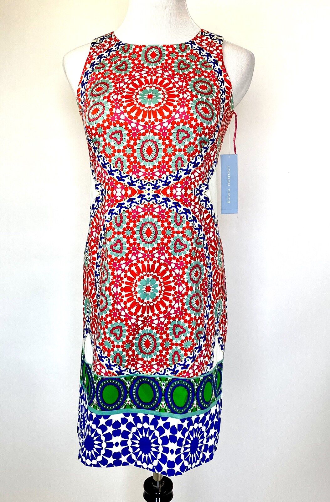 London Times Red/Orange Print Sleeveless Shift Dress Retail $75 Price $42 NWT 2