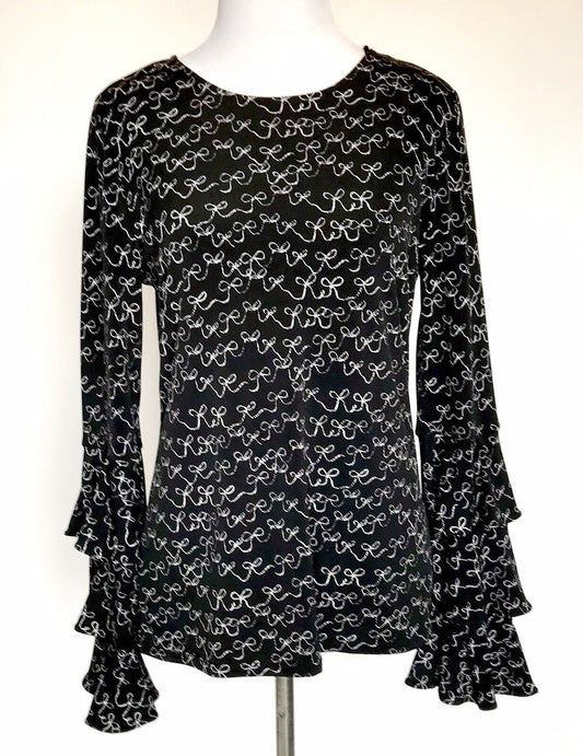 CeCe Tiered Ruffle Bell Sleeve Stretch Top Black & White Top XS Price $25 NWT