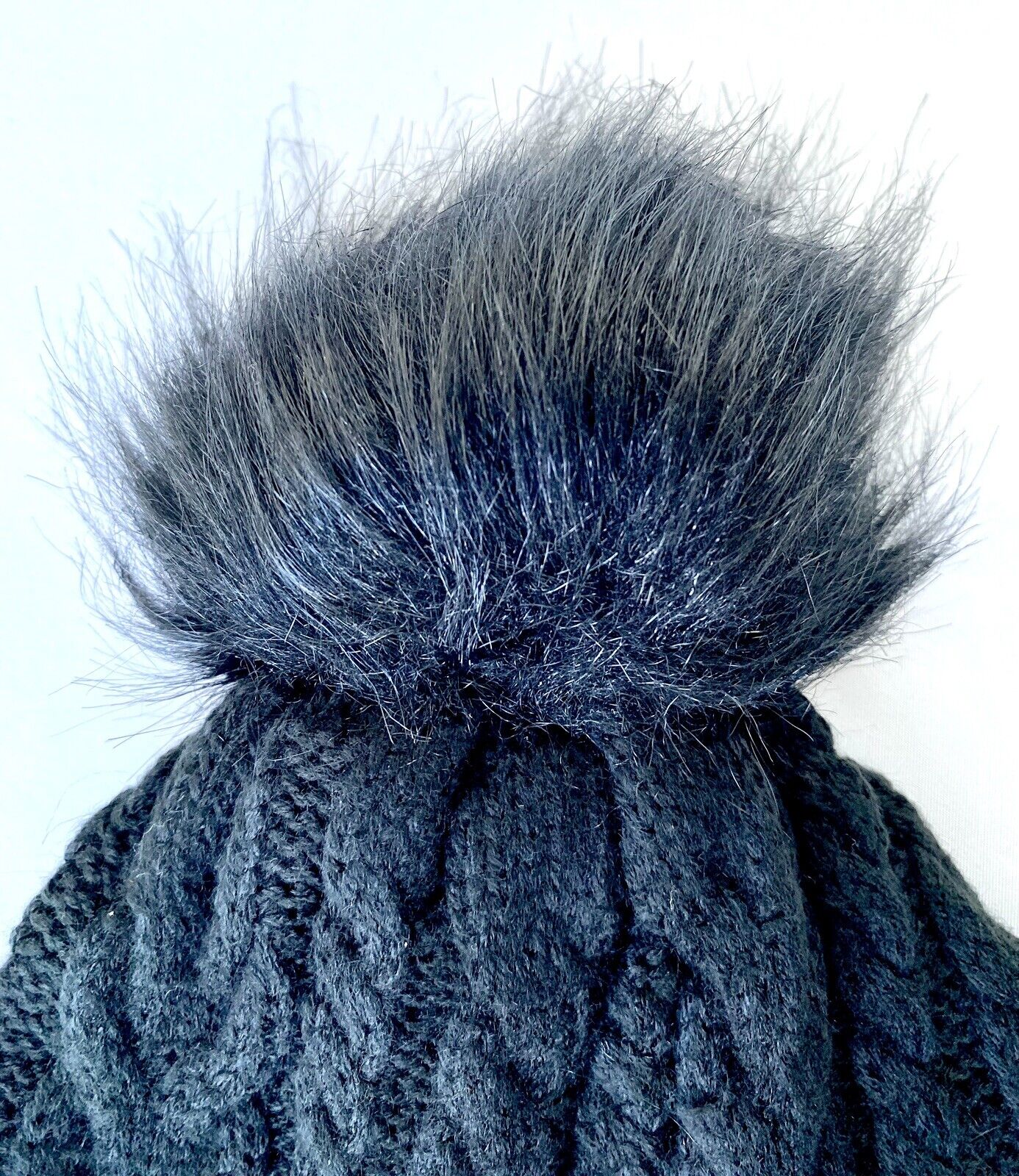 J Crew Black Cable Knit Pom Pom Faux Fur Hat Retails $49.50 Price $28.50 NEW