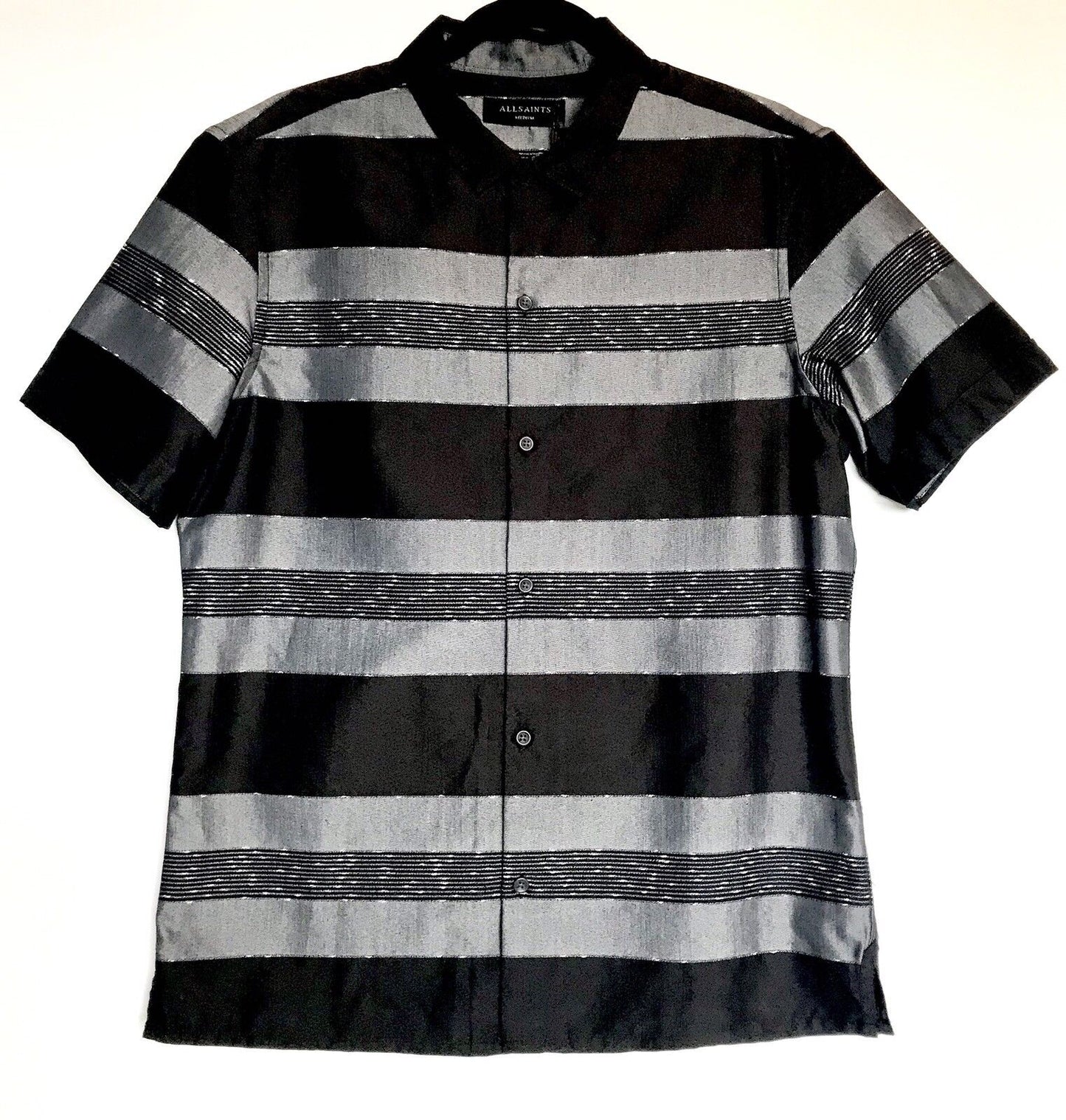 AllSaints Gabon Grey Black Stripe SS Shirt .Retail $155 NWT Price $85 Size XS