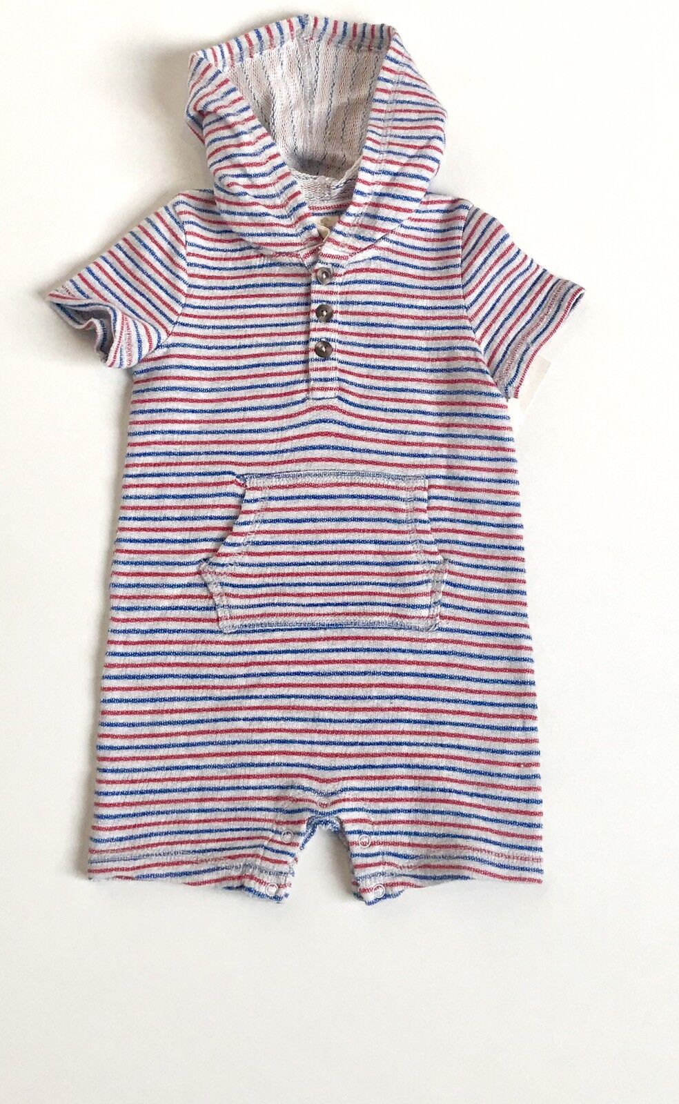 Tucker + Tate Grey Red Blue Stripe Hooded Romper.NWT Retails $35 Price $20.98 9M