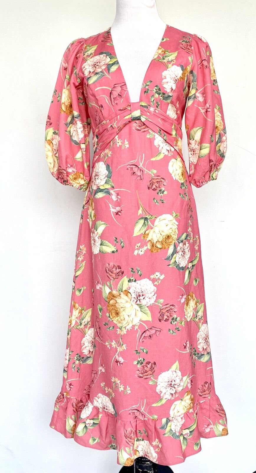 EVER NEW Cartier Linen Puff Sleeve Midi Dress Coral Retail $200 Price $124 Sz 10