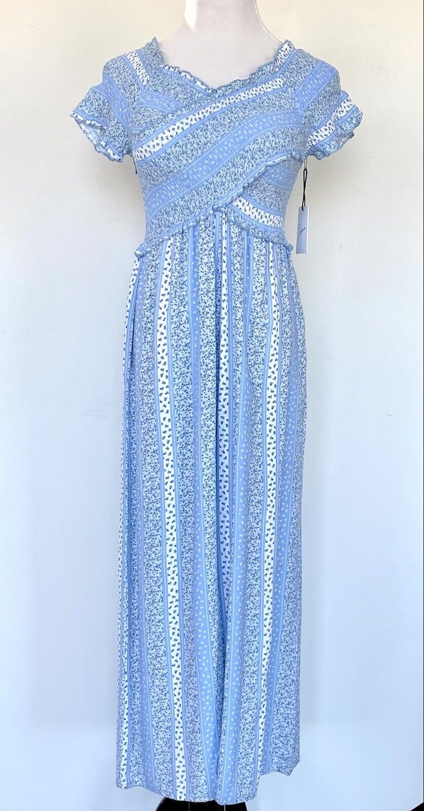 Japna surplice smocked body jumpsuit Size Small Price $49 Blue White Wide Leg