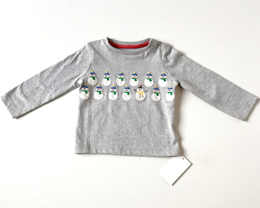 Mini Boden Grey Marl Snowmen Appliqué Top 6-12 Month Retail $25 Price $18.79 NWT