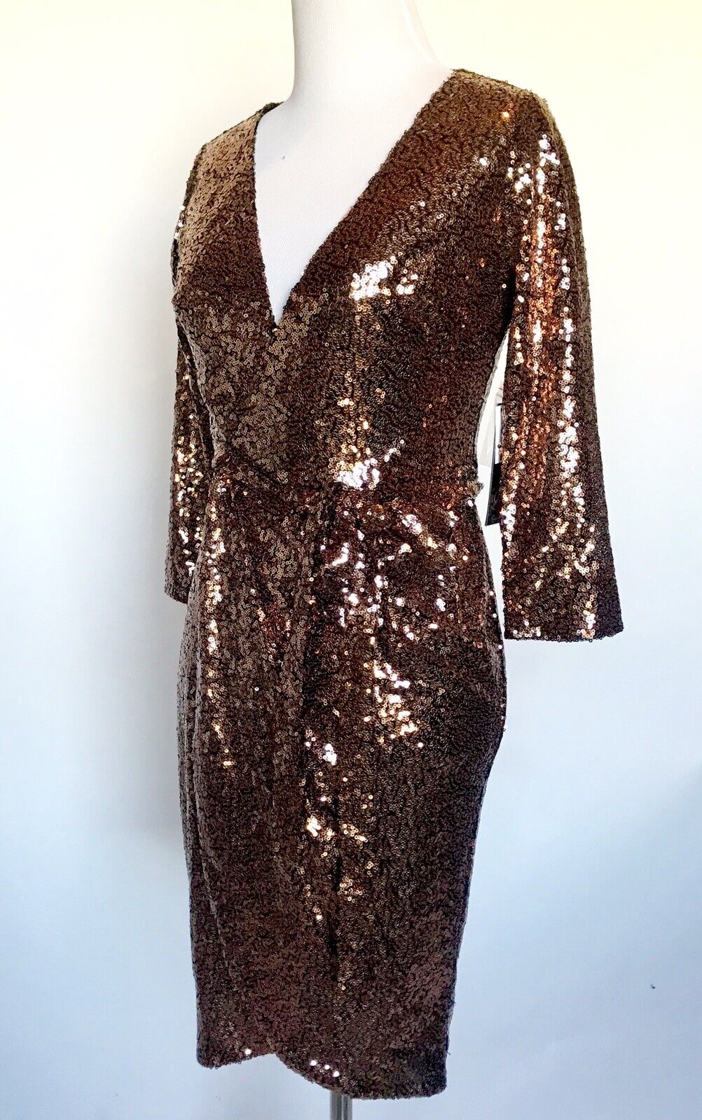 Aqua Bronze Sequined Party Cocktail Wrap Dress S Retails $148 Price $65