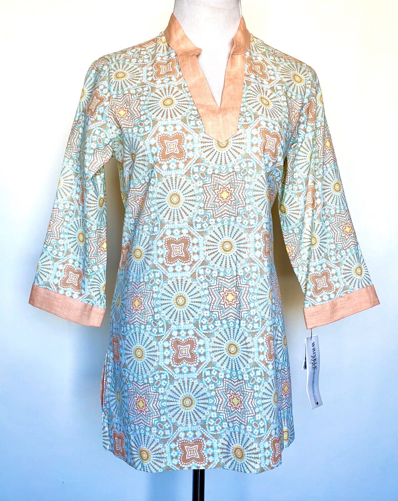 Green & Peach Beach 3/4 Sleeve Tunic Retail $89 Price $35  NWT Sz 6 Cotton Linen