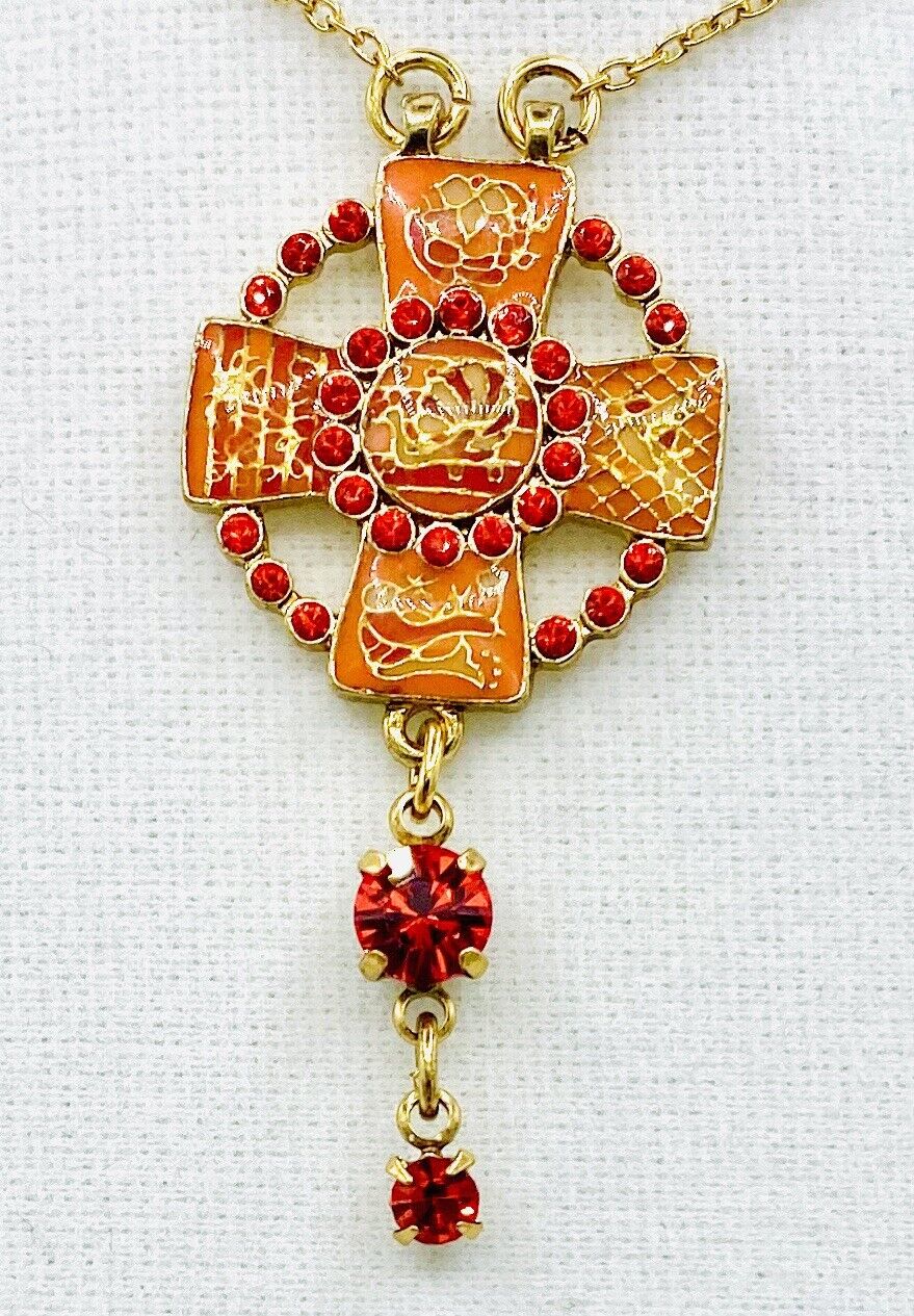 PILGRIM SWAROVSKI CRYSTAL GOLD PLATED Coral Red Cross Necklace. PRICE $16