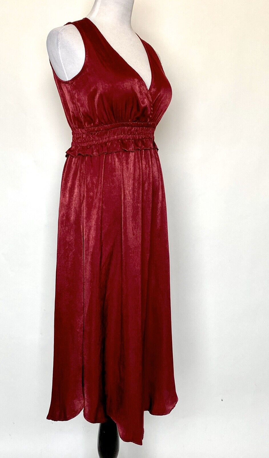 Re:named Dk Red Smocked Waist Surplice Dress Retail $78 Price $33 NWT Sz S