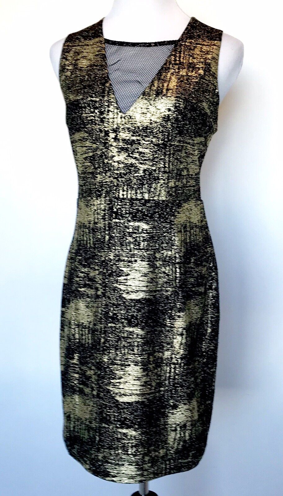 Melloday Gold And Black Mesh Cutout Stretch Dress Size Large. Price $44. NWT