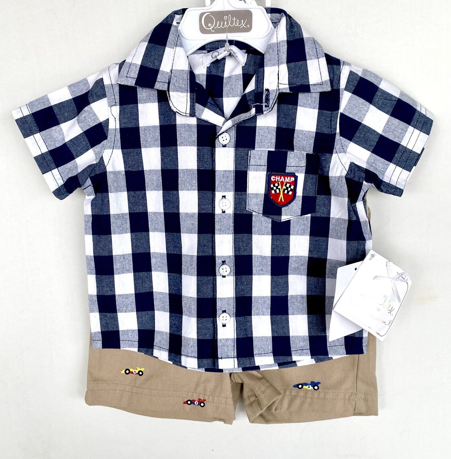 Quiltex SS Check Shirt & Short Set. Racing Car NWT Price $18 0-3 Months $24