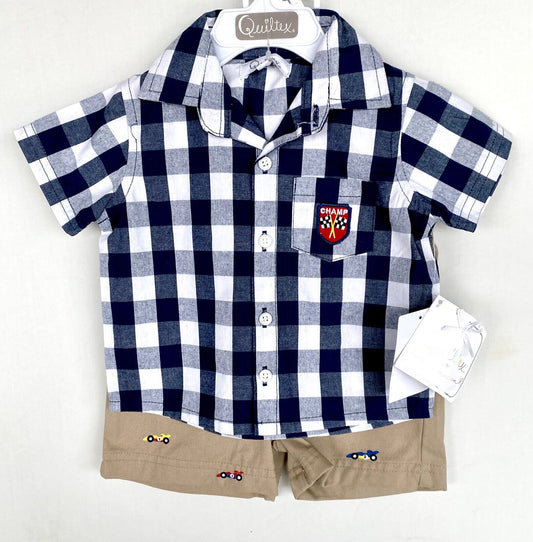 Quiltex SS Check Shirt & Short Set. Racing Car NWT Price $18 0-3 Months $24