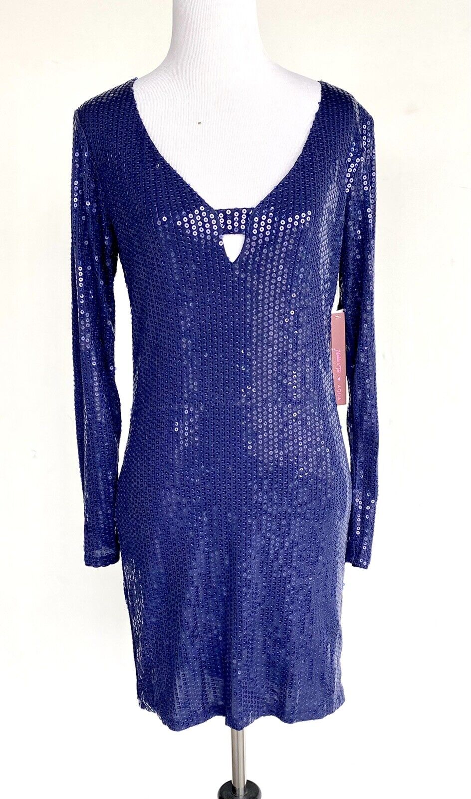 Aqua Navy Sequin V Neck Long Sleev Dress S Retail $138 Price $49