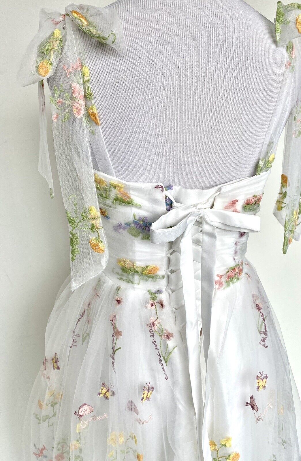 White Net embroidered Ruched Bodice With Lace Up Back size 4 price $130