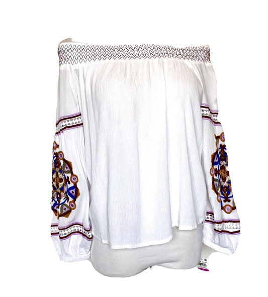 INC White Off Shoulder Embroidered Boho Top PP Retail $89 Price $24 NEW